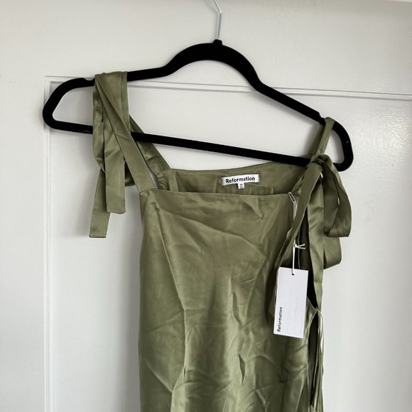 NWT Reformation Aden Silk Midi Slip Dress SZ S Artichoke Shoulder Tie Straps - Picture 5 of 10